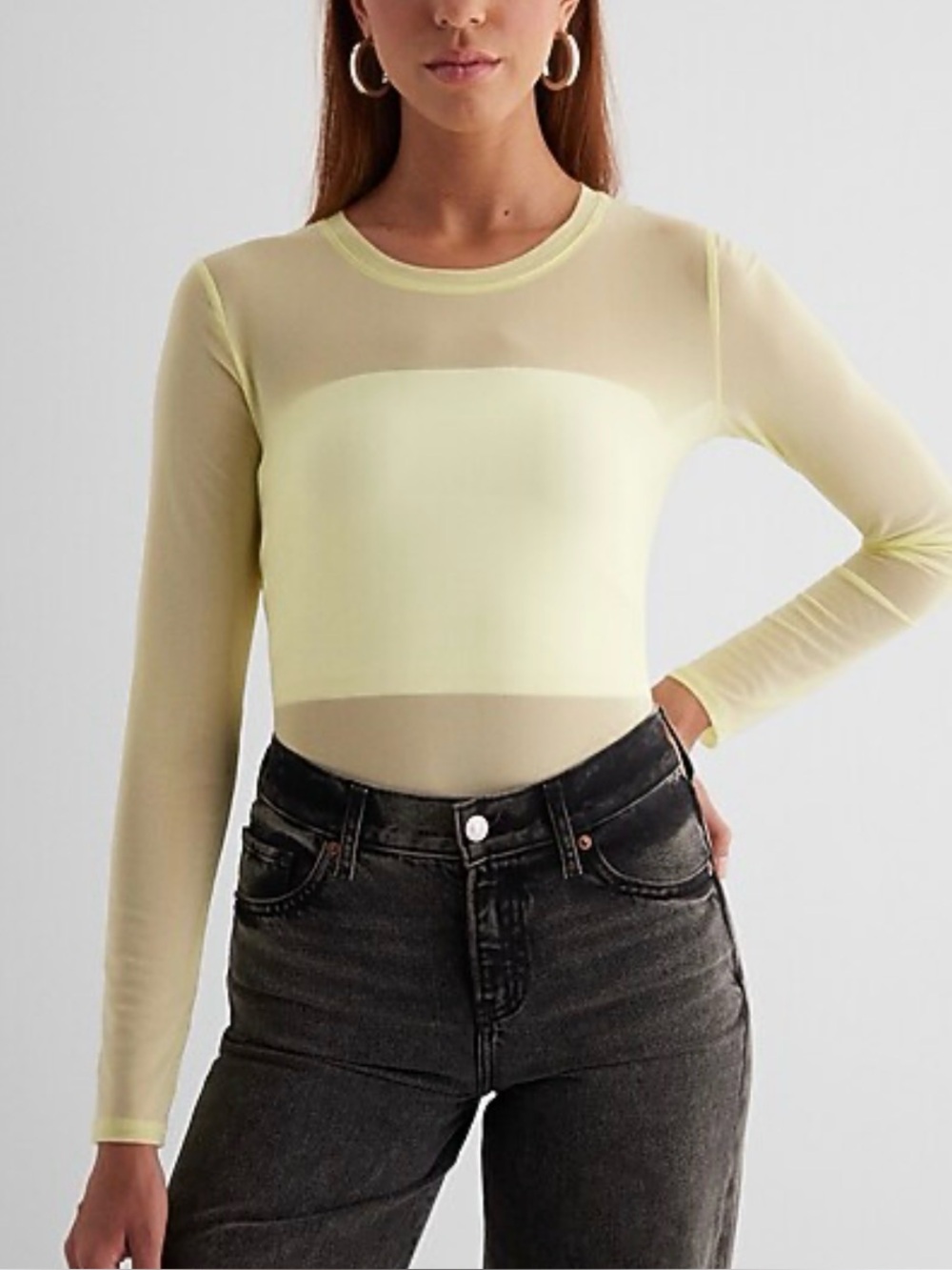Light Yellow Long-Sleeve SheerOne-Piece Bodysuit
